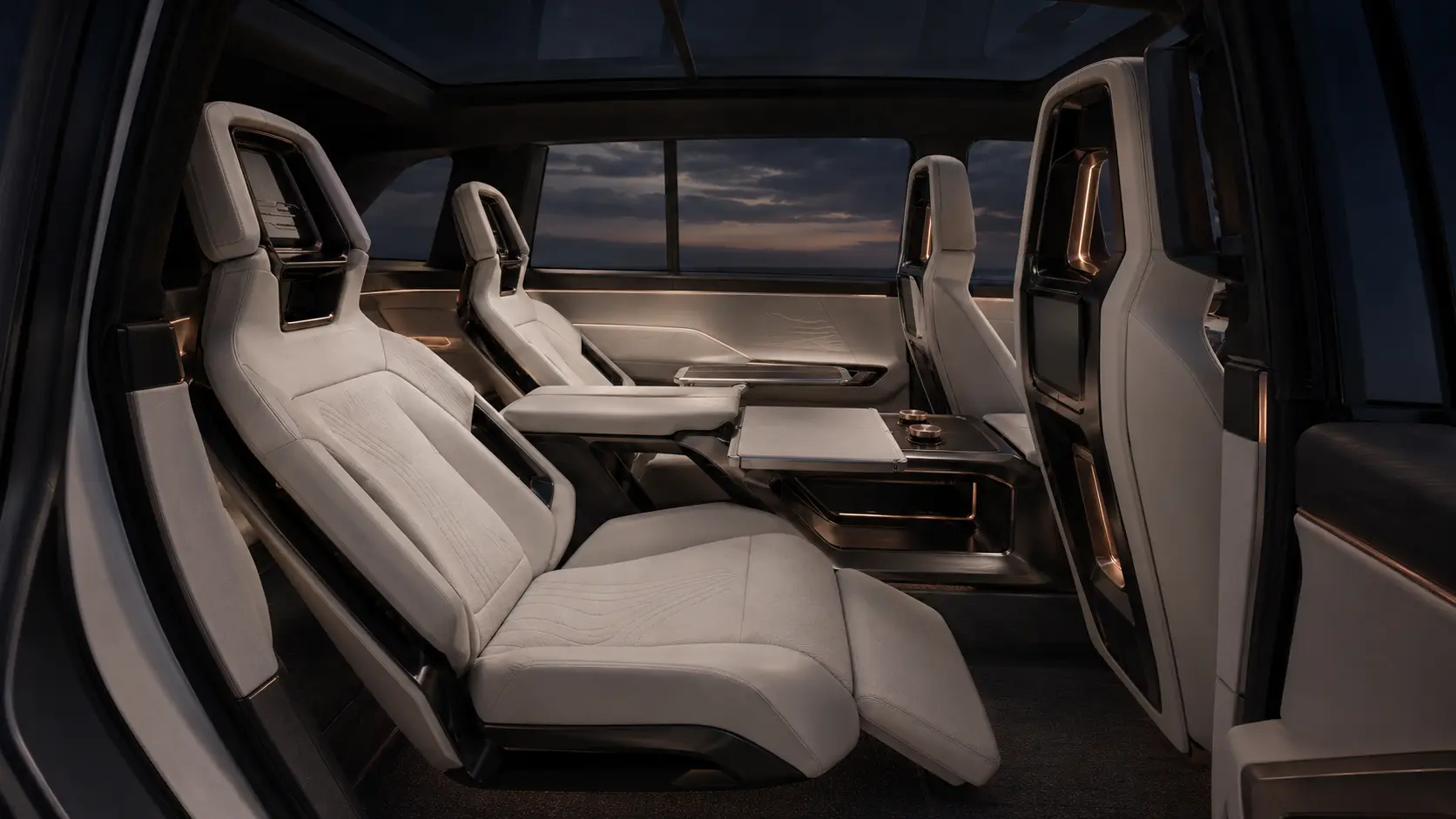 Concept study of a calm second-row interior opening to a dusk horizon