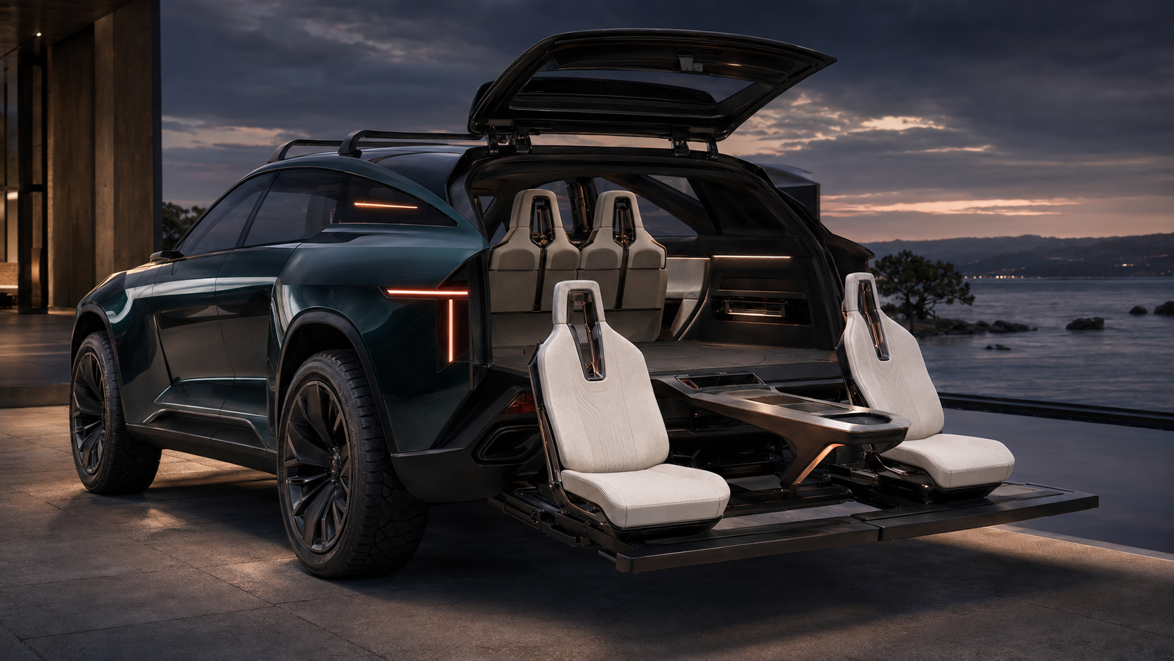 Concept study of the first expression with its rear hatch open beside the water